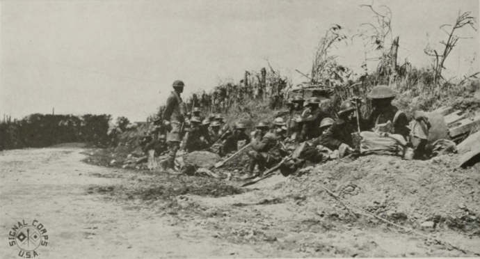 Men of the 77th Division pause during the advance, September 1918